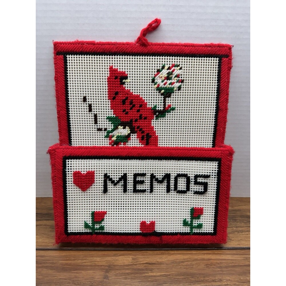 Handmade Plastic Canvas Mat “Memos” Notebook Cardinal Bird Needlework Crochet